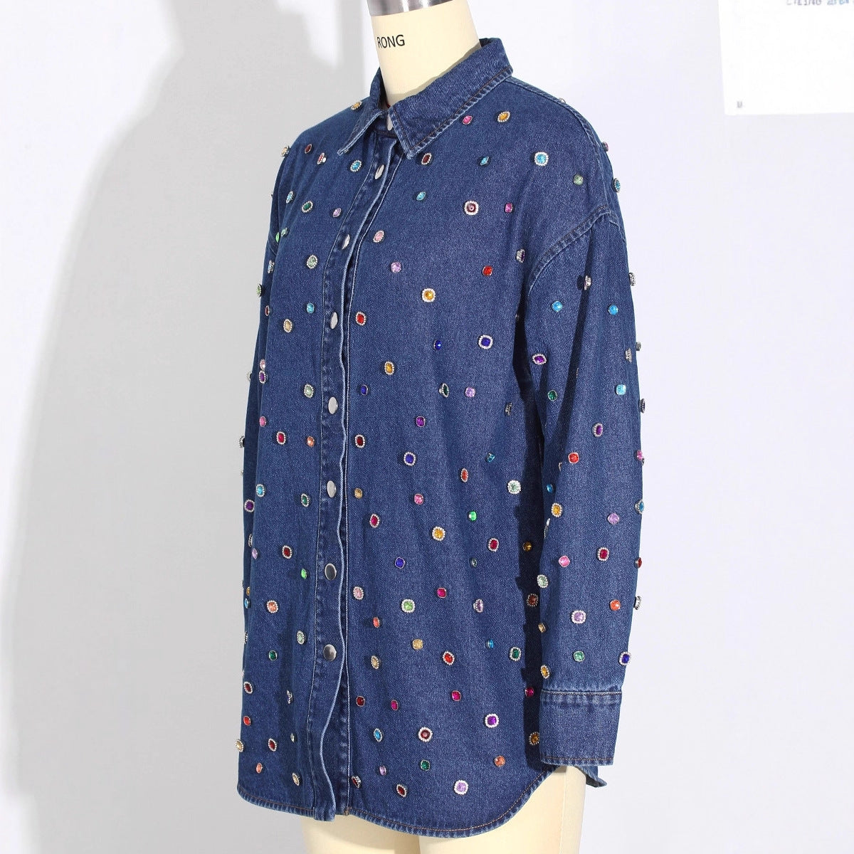 Women's Personalized Denim Two-piece Beaded Trousers Loose Jackets