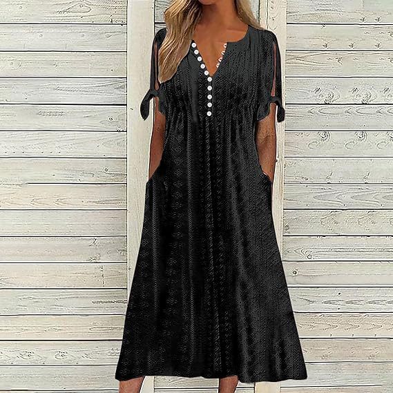 Women's Single Breasted Cuff Knotted Sleeve Eyelet Dresses