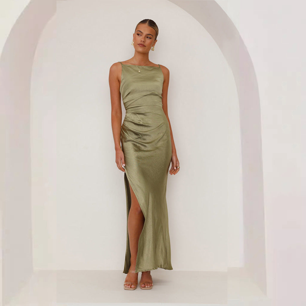 Women's Color Sexy Backless Slit Mid-length Dress Dresses