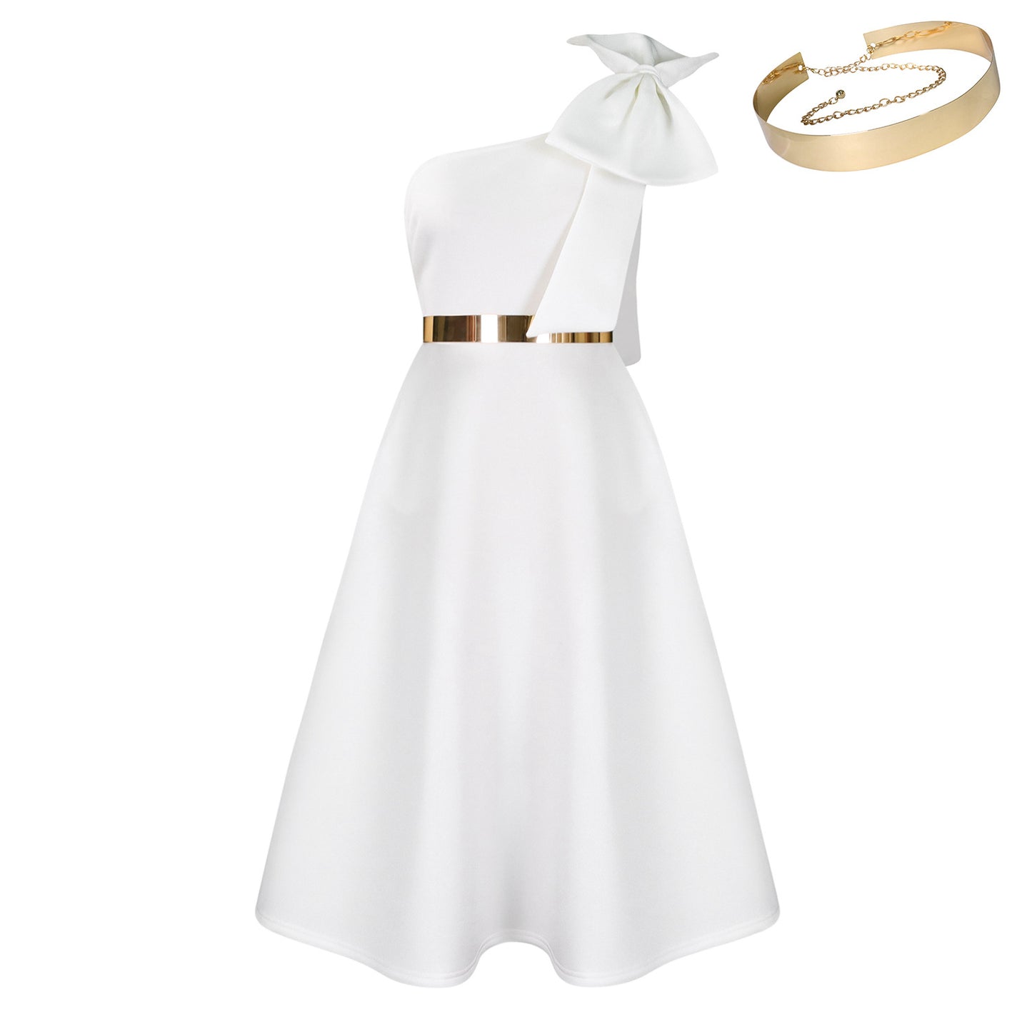 Women's Summer Fashion Oblique Shoulder Bow Banquet Large Swing Dress