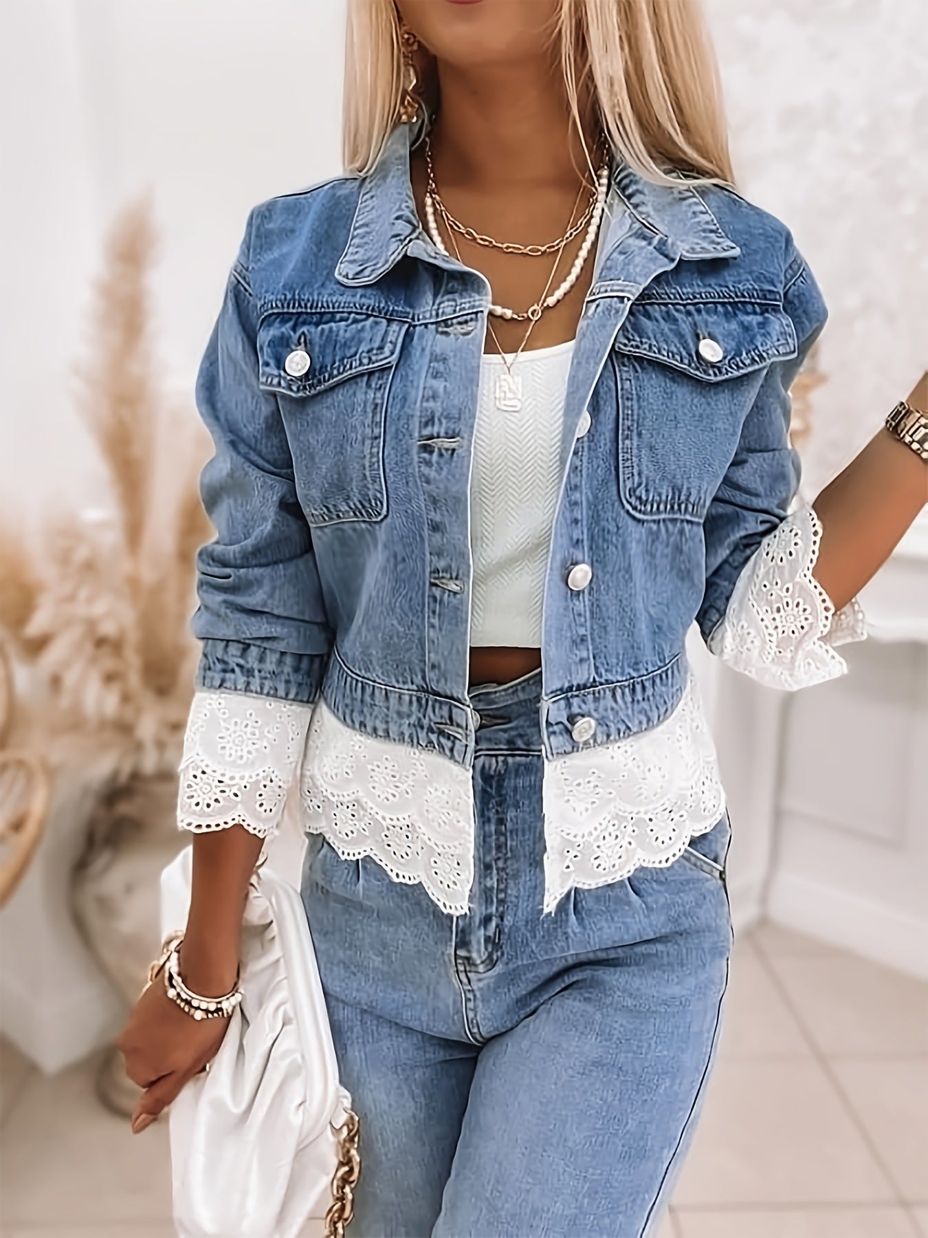 Women's Elastic Cuff Hem Lace Long-sleeved Denim Coats