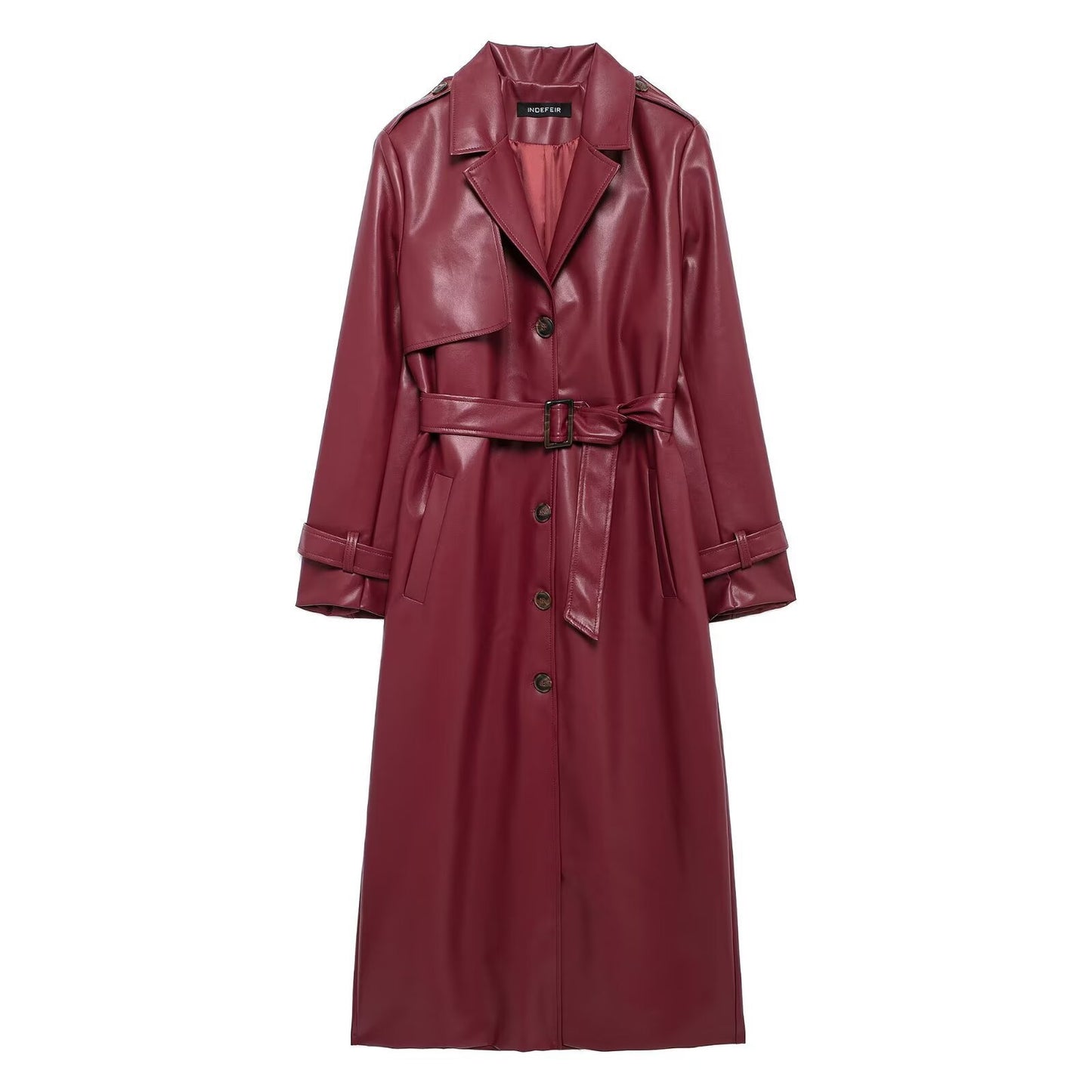 Women's Lapel With Belt Long Faux Leather Coats