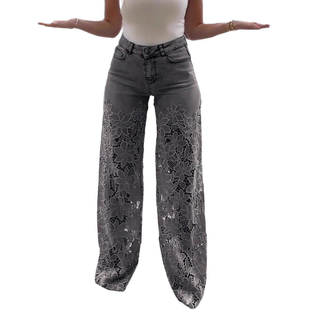 Women's Casual Fashion Hollow Lace Stitching Wide Jeans