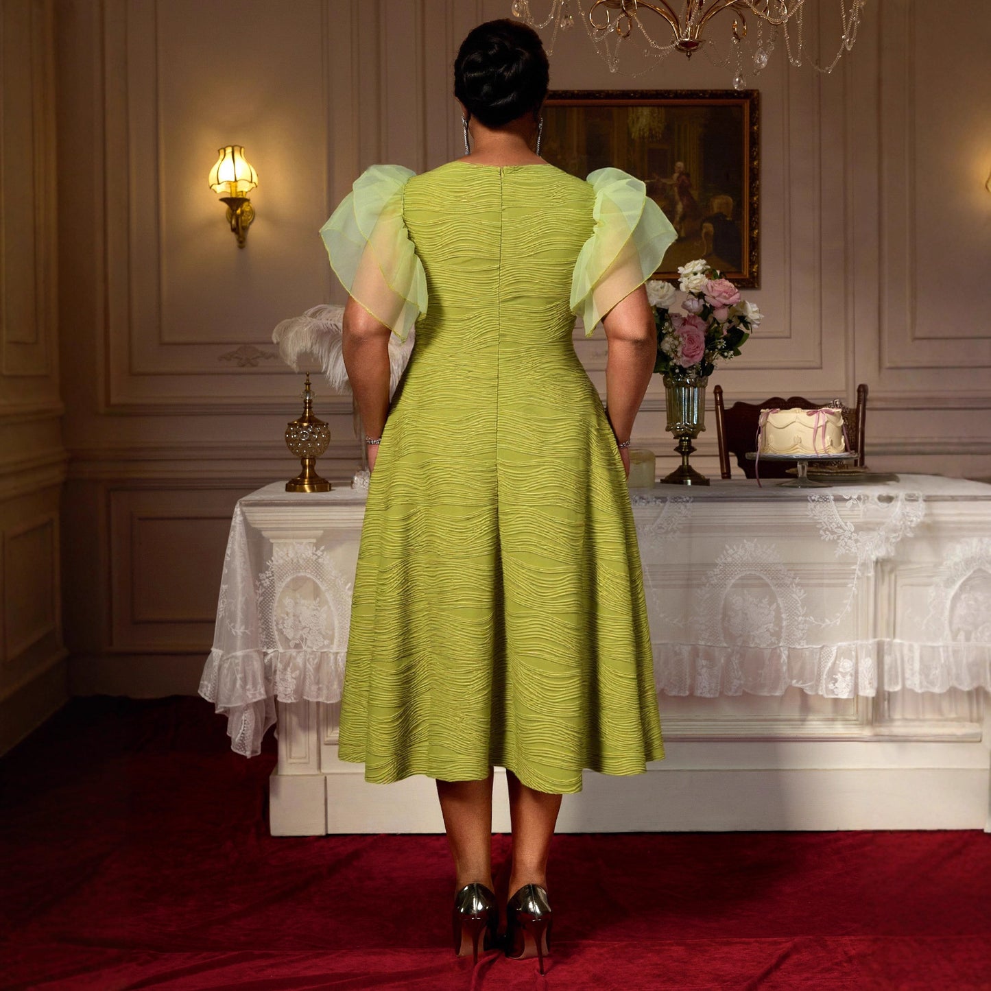 Collar Mesh Flying Sleeves Midi Dress Tight Dresses