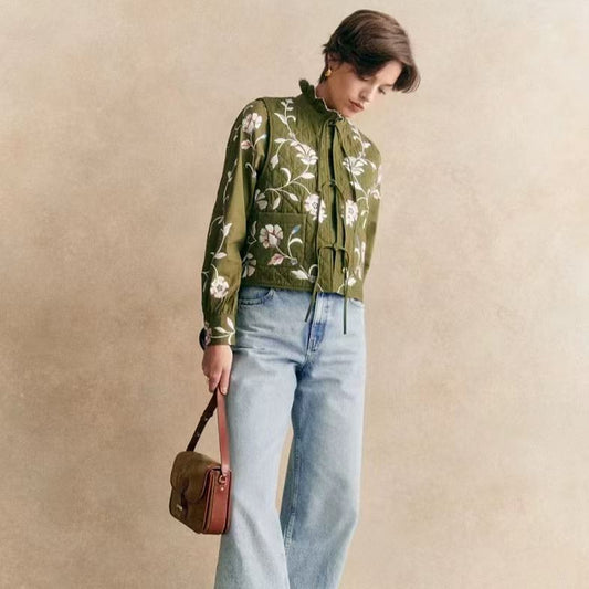 Embroidery Vintage Floral Embroidered Double Pocket Quilted Vests