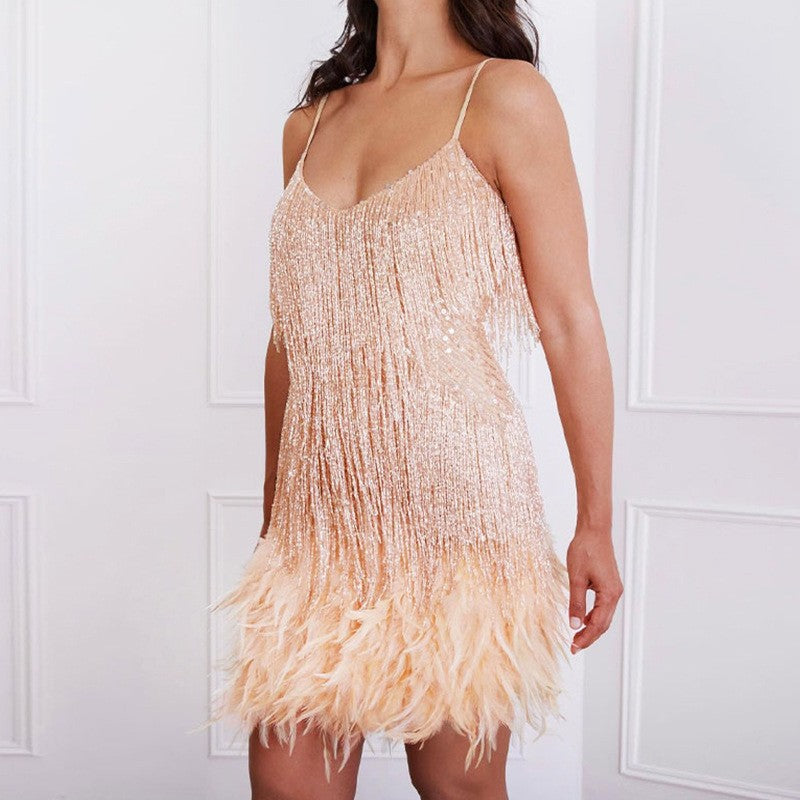 Fashion Tassel Sequins Multicolor Birthday Party Sexy Strap Feather Dresses