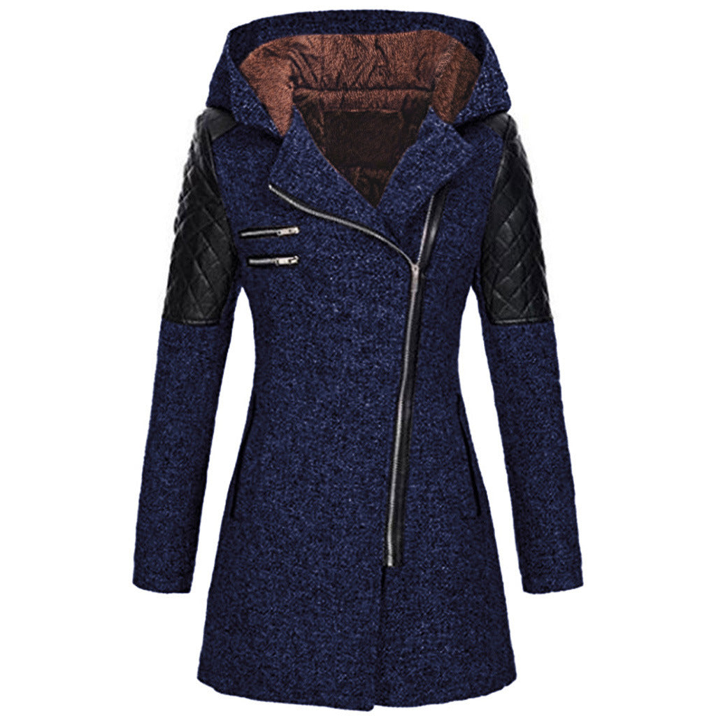 Women's Hooded Loose Oblique Zipper Woolen Trench Blazers
