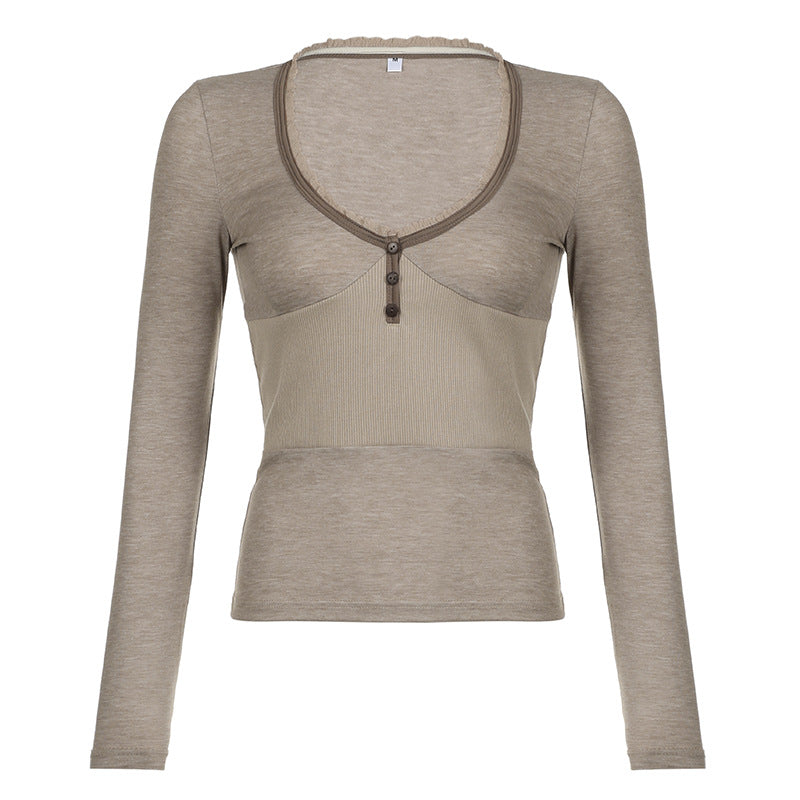 Casual Solid Color Button Patchwork Base Tight Blouses