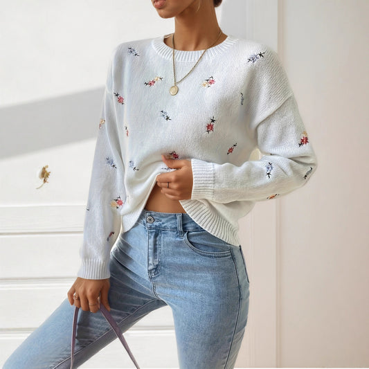 Women's Fashion Flower Embroidery Knitted Temperament Crew Sweaters