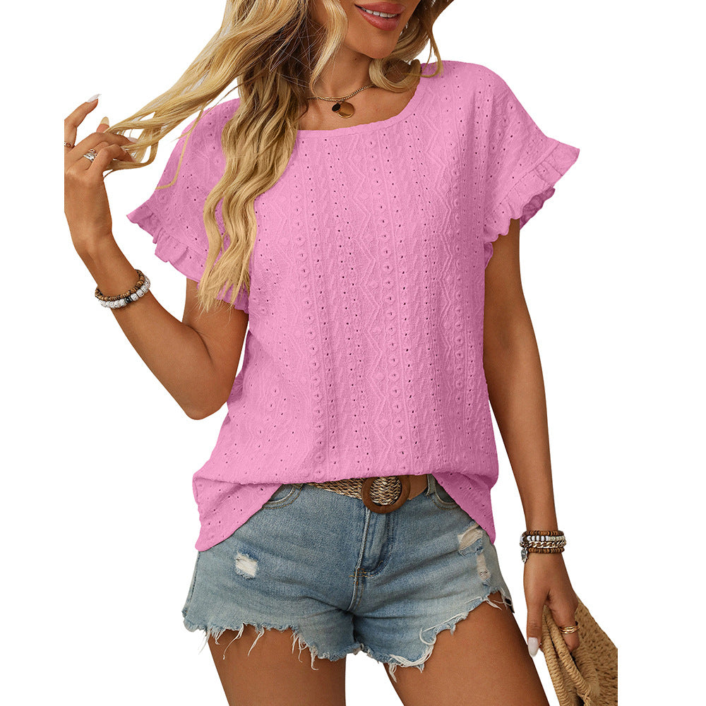 Women's Solid Color Round Neck Sweet Short-sleeved Blouses