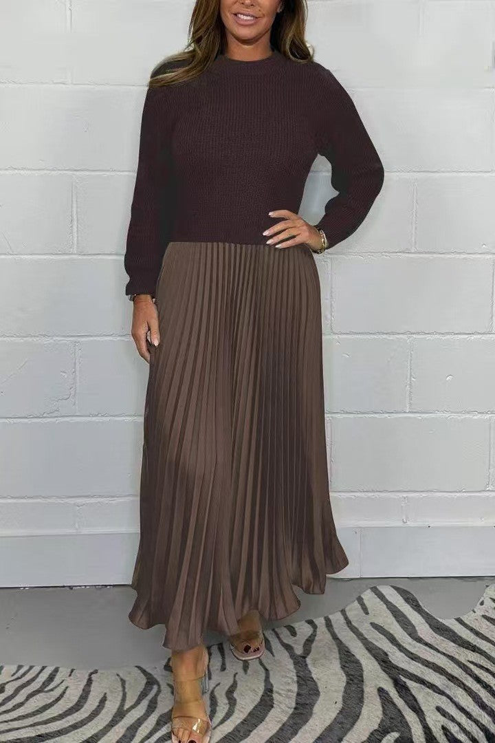 Women's Solid Color Knitted Long-sleeved Pullover Stitching Dresses