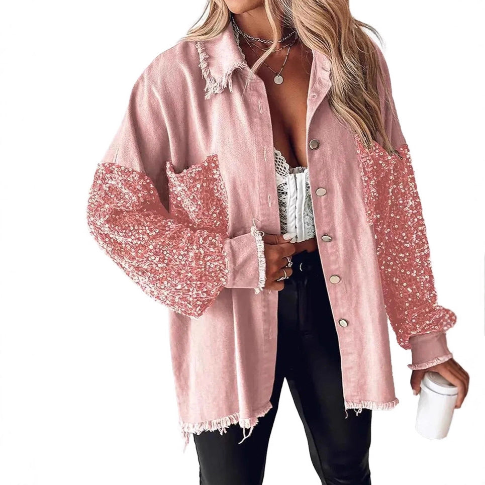 Denim Pullover Long Sleeve Sequined Patchwork Jackets