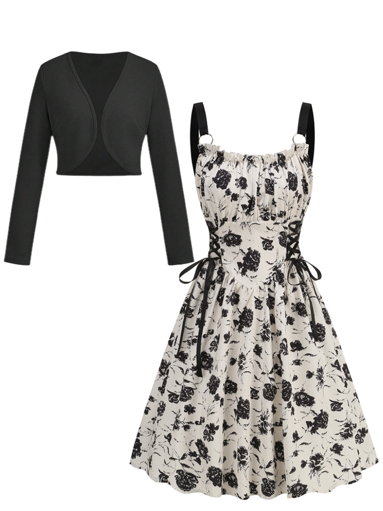 Women's Metal Ring Drawstring Elegant Printed Dress Two-piece Cardigans