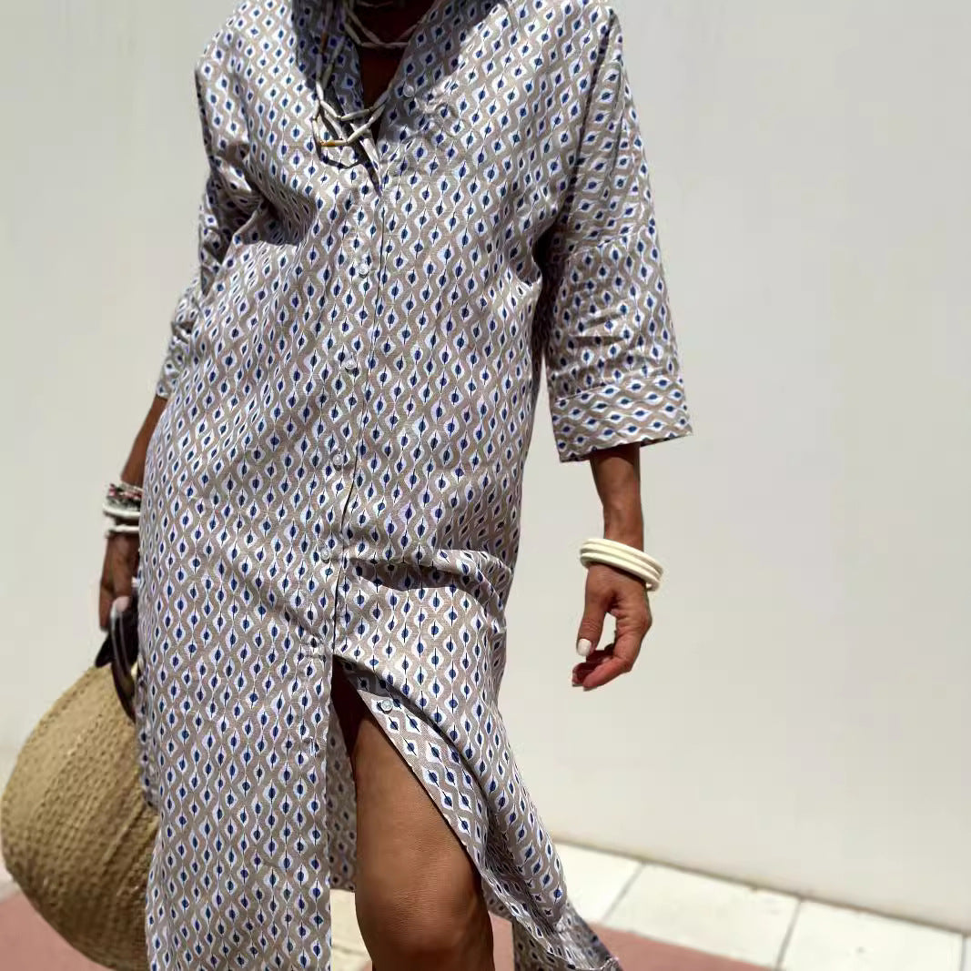 Women's Cotton Linen Stripes Shirt Dress Loose Dresses