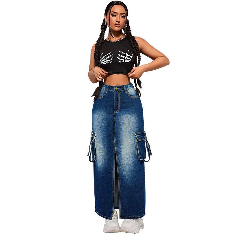 Women's Large Denim Fashion Bag Split Long Skirts