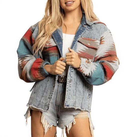 Women's Hooded Pocket Denim Stitching Contrast Color Jackets