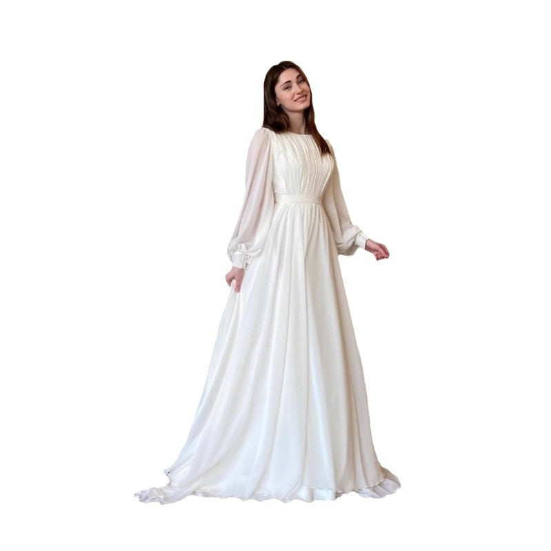 Lantern Sleeve Pearlescent Yarn White Dress Dresses