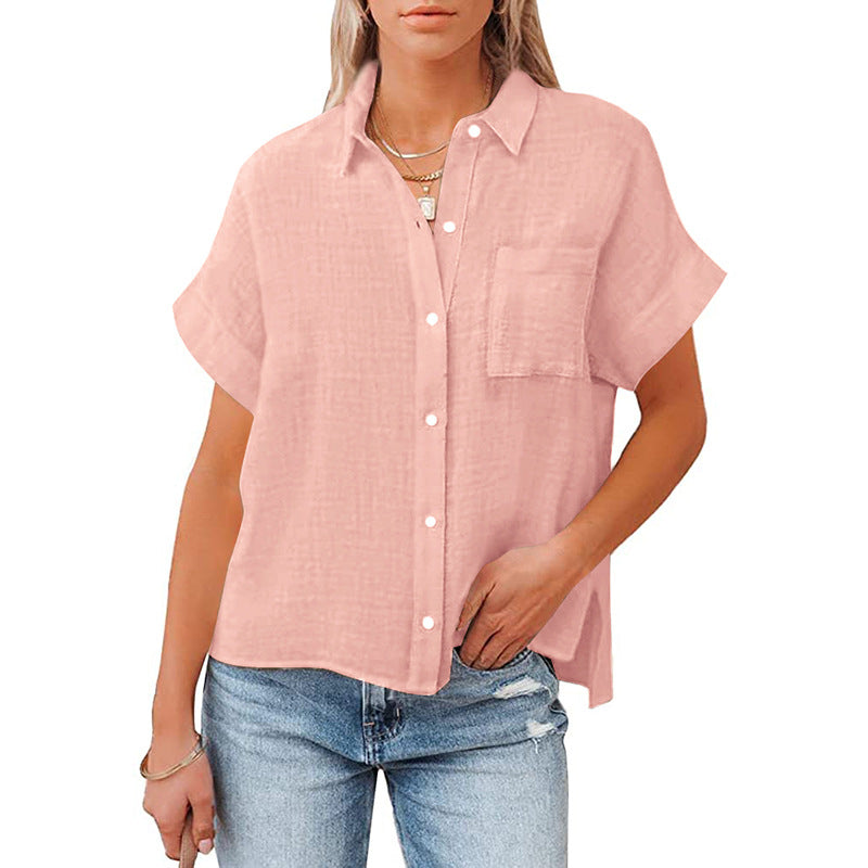 Women's Cotton Linen Short-sleeved Casual Side Slit Blouses