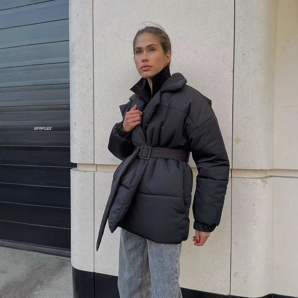 Women's Solid Color Long-sleeved Cotton Thickened Pocket Coats