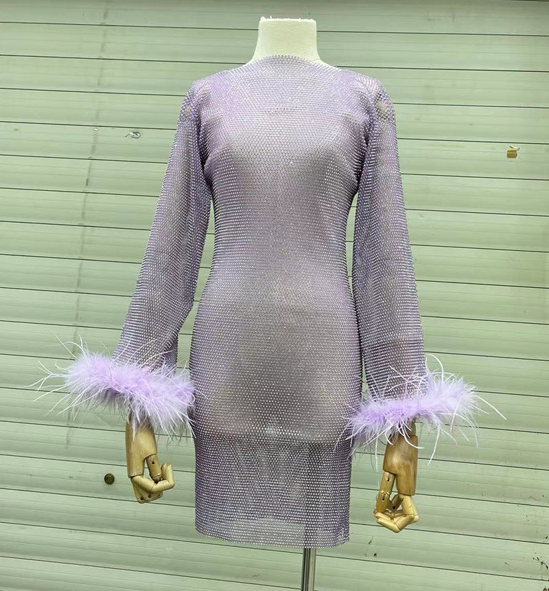 Fashion Luxury Hollow Mesh Ostrich Feather Slimming Bottoming Dress