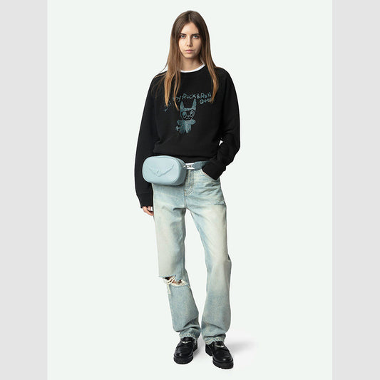 Women's Classic Little Monster Rhinestone Black Raglan Sweaters