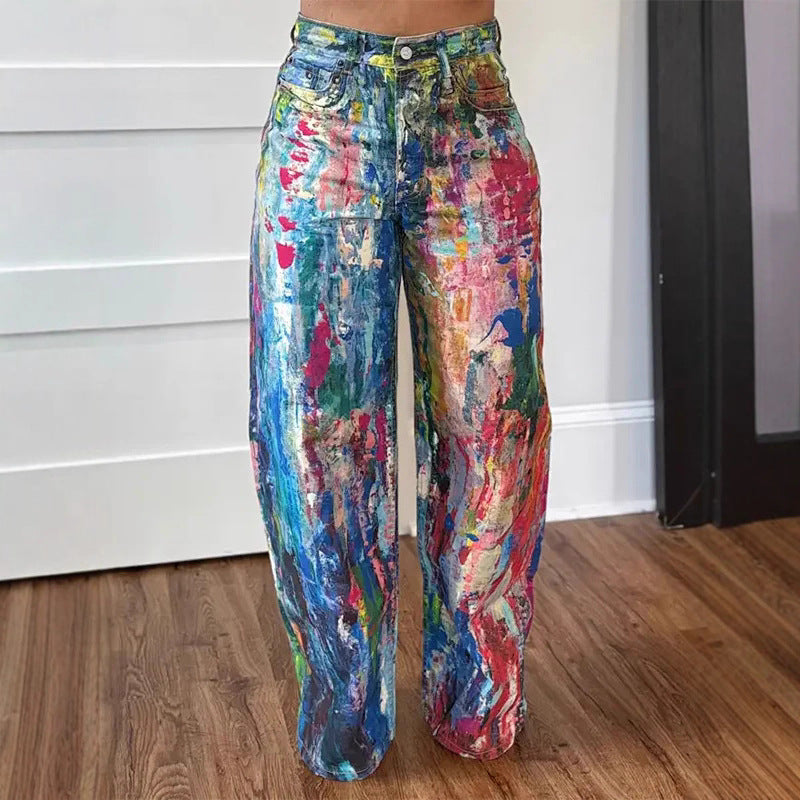 Fashion Casual Straight Painted Elastic Denim Jeans
