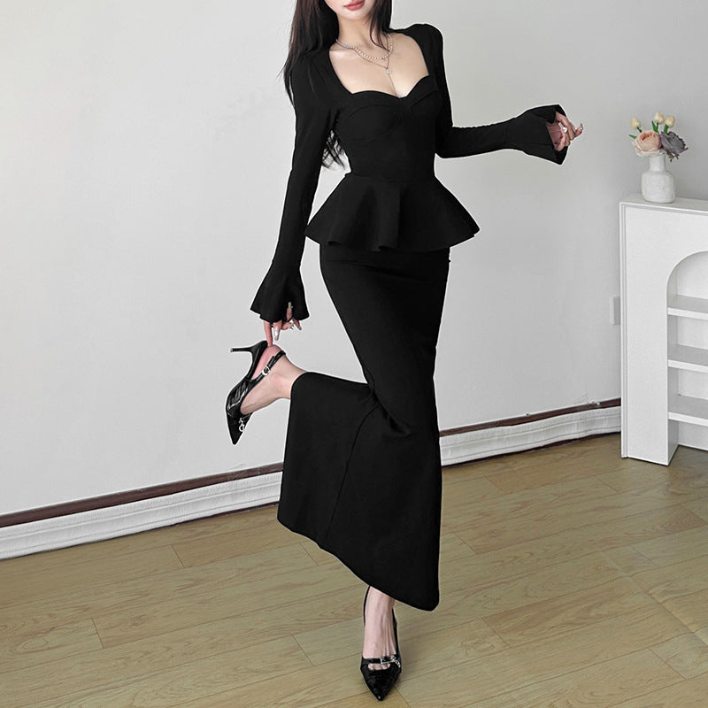 Women's Autumn Solid Color Street Fashion Square Collar Long Dresses