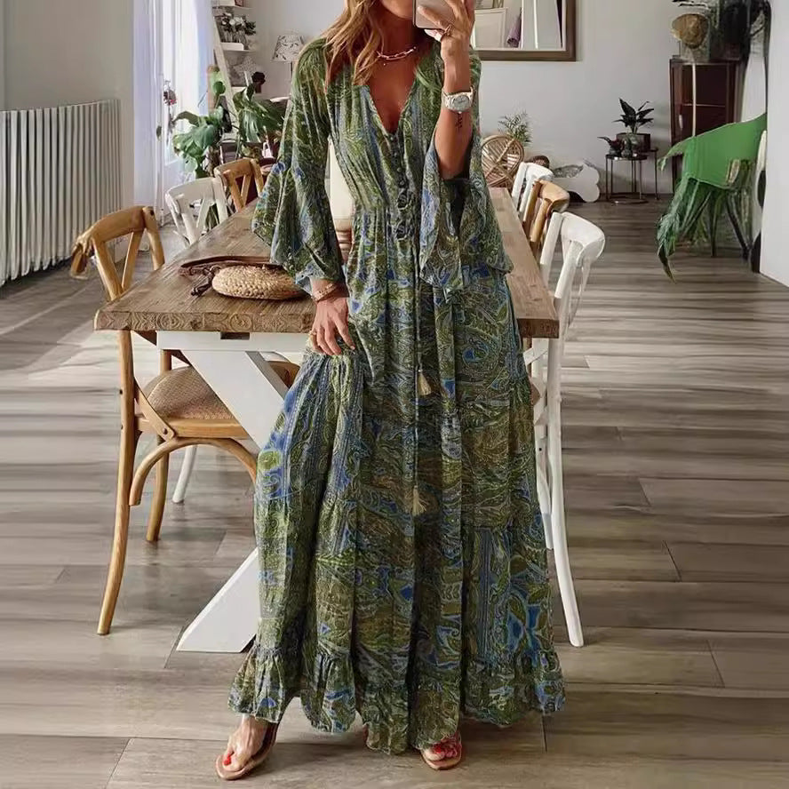 Sleeve Printed High Waist Holiday Dress Dresses