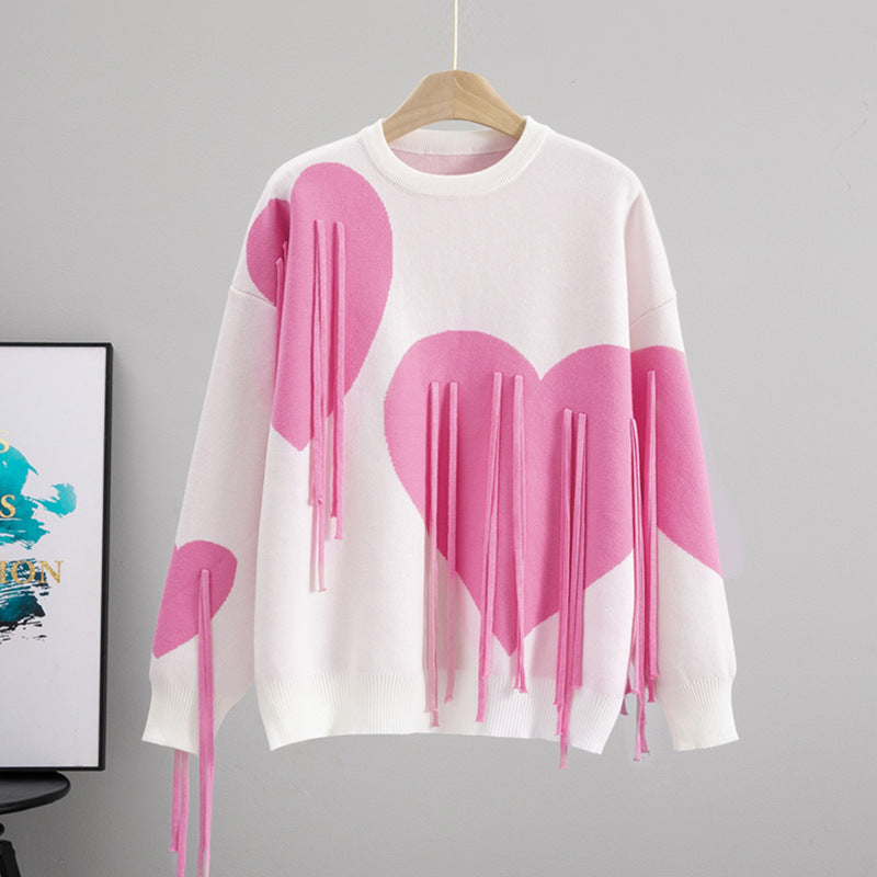 Women's Soft Round Neck Tassel Love Loose Lazy Sweater