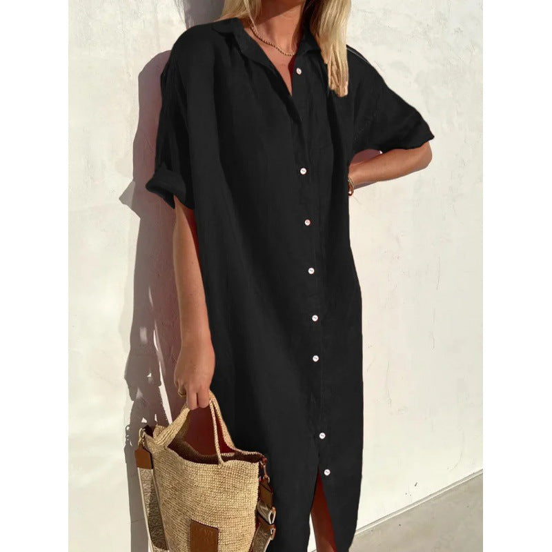 Women's Elegant Casual Loose Sleeves Button Dress Cotton Dresses