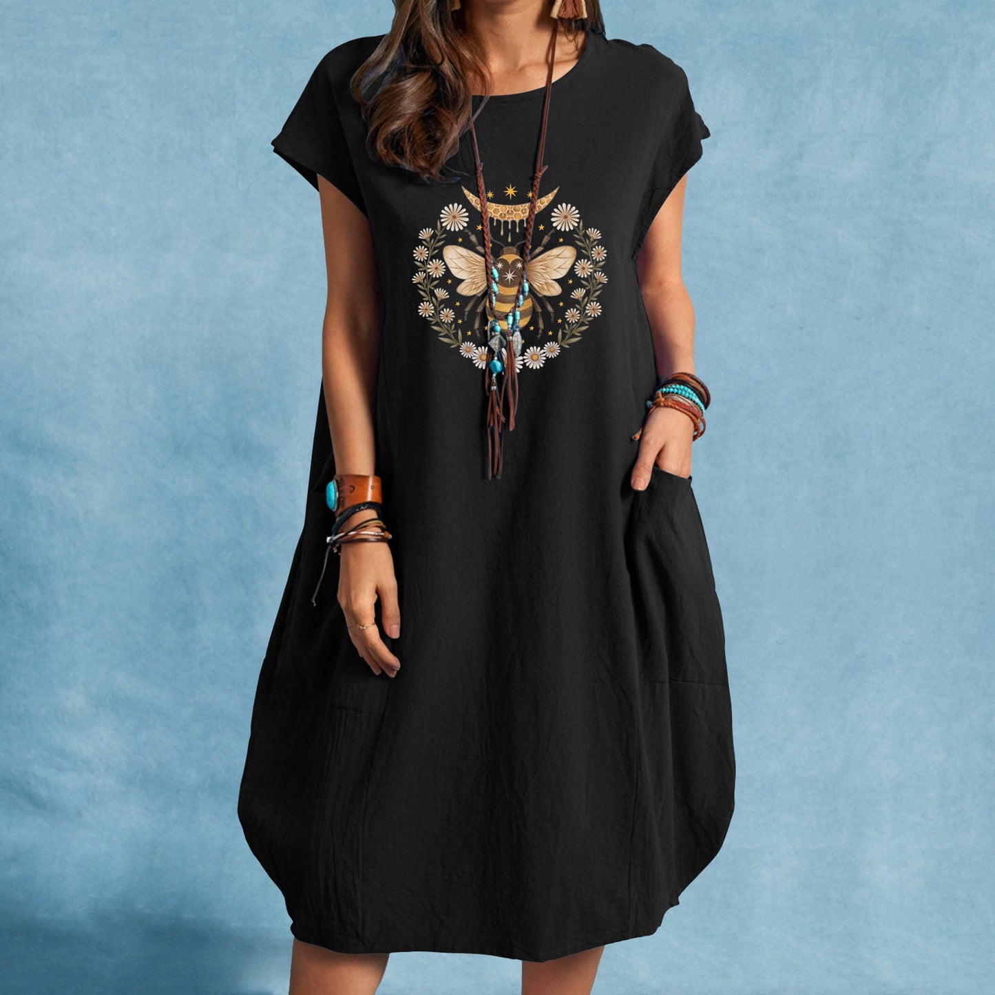Women's Summer Fashion Bee Little Daisy Printed Large Cotton Linen Pocket Dress