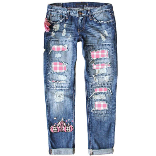 Christmas Red Plaid Printed Ripped Baggy Jeans