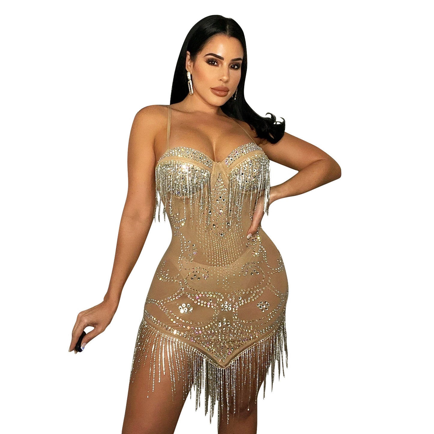 Women's Summer Sexy Mesh Rhinestone Strap Tassel Dresses