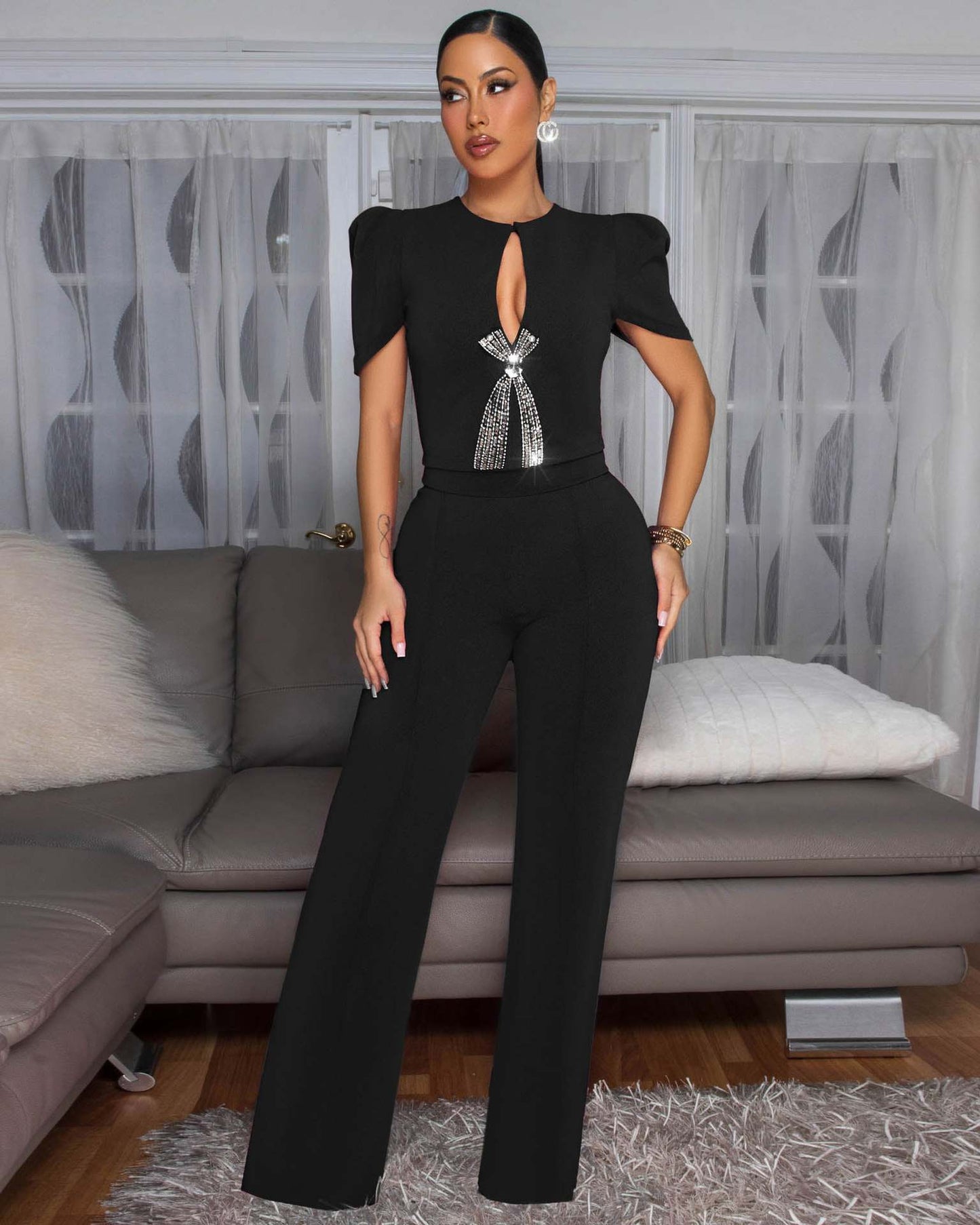 Women's Personalized Line Bow Decoration Short-sleeved Casual Jumpsuits