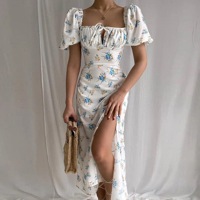 Women's Spring Printed French Floral Backless Slim Fit Sleeveless Dresses
