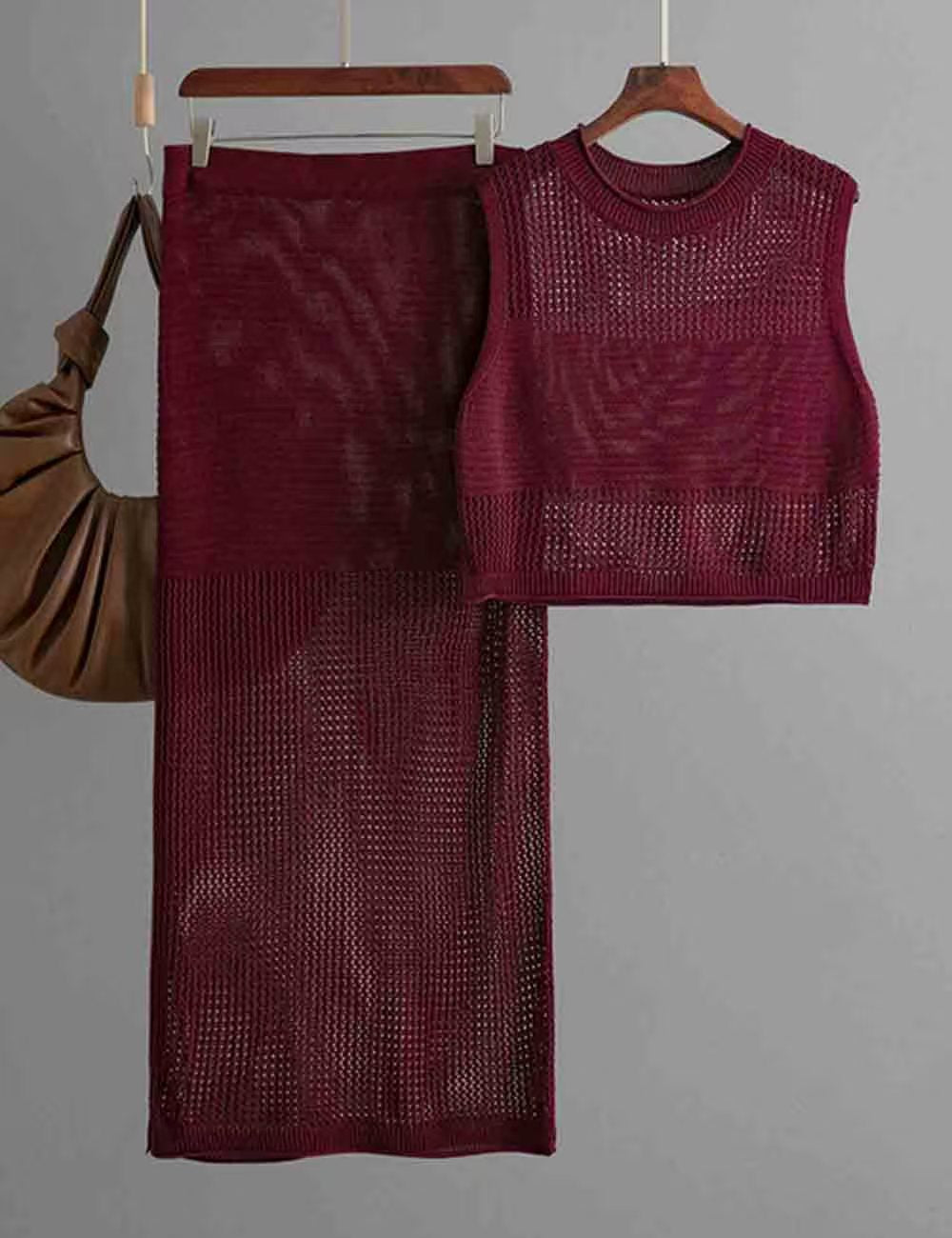 Hollow Sleeveless Summer Knitted Slit Two-piece Sweater