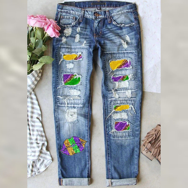 Women's Valentine's Day Printing Hole Straight Jeans