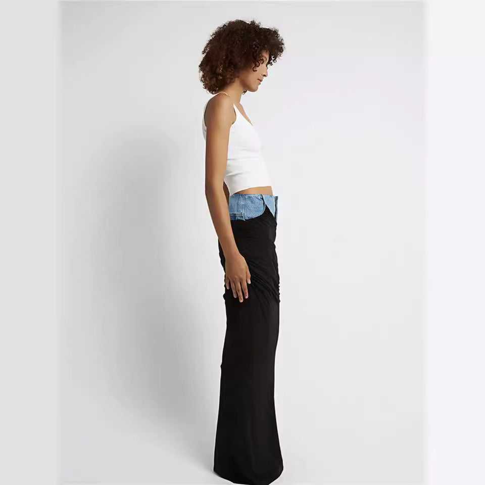 Women's High Waist Fake Two-piece Black Color Pleats Stitching Design Skirts