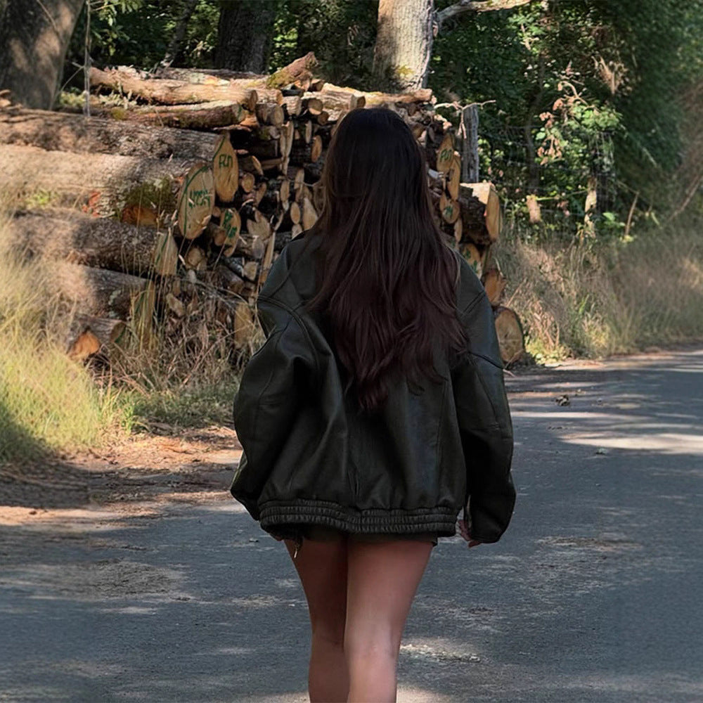 Solid Color Polo Collar Zipper Leather Jackets