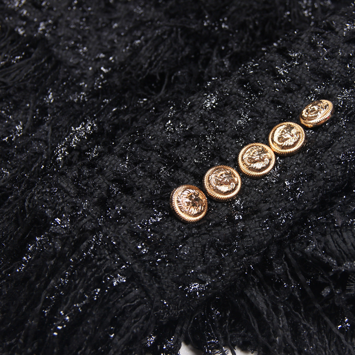 Women's Glossy Black Tweed Fringe Pocket Fastener Coats