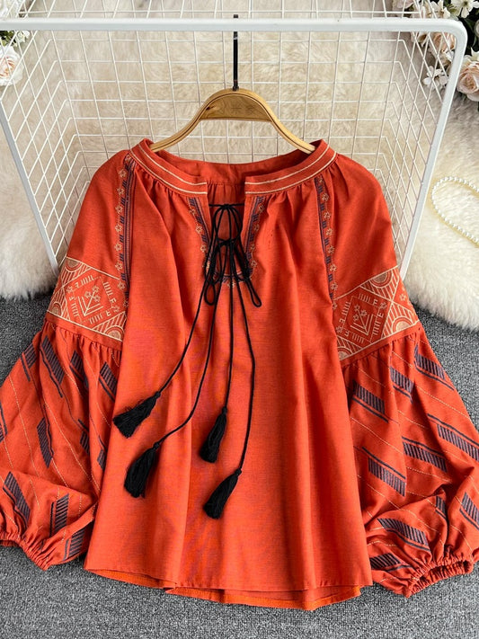 Retro Style Lantern Long Sleeve Loose Tops