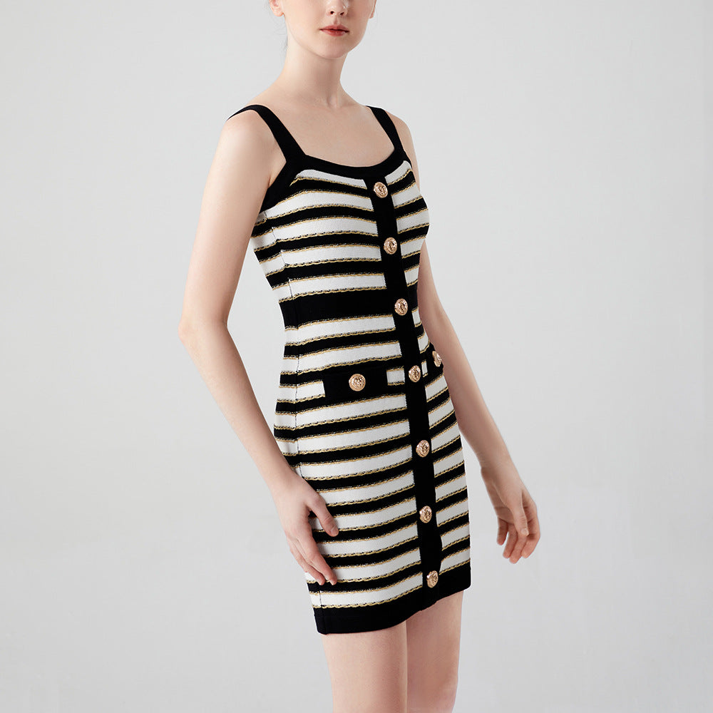 Women's Sling Sexy Gold Silk Striped Knitted Dress Dresses