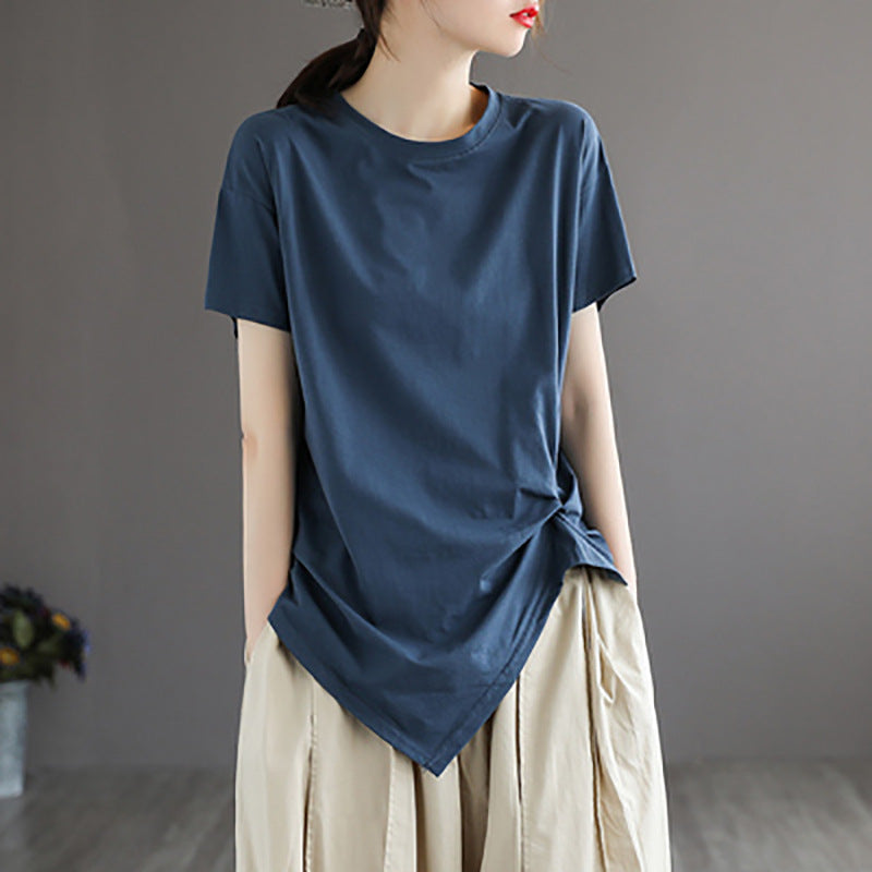 Women's Pleated Short-sleeved T-shirt Summer Artistic Retro Blouses