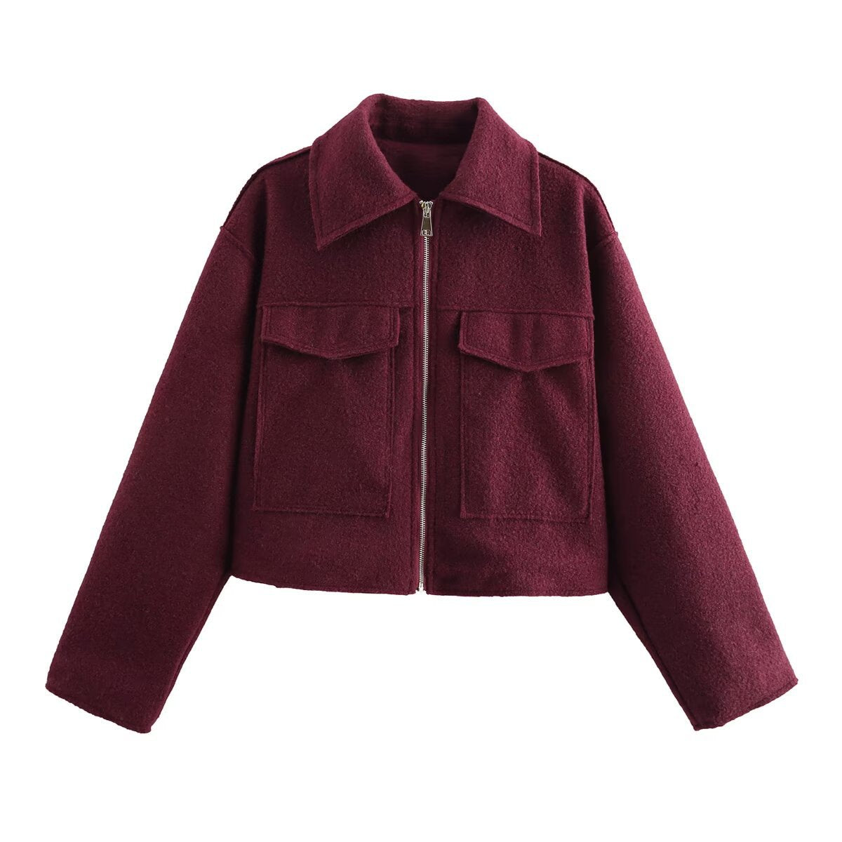 Women's Large Pocket Zipper Long Sleeve Woolen Coats