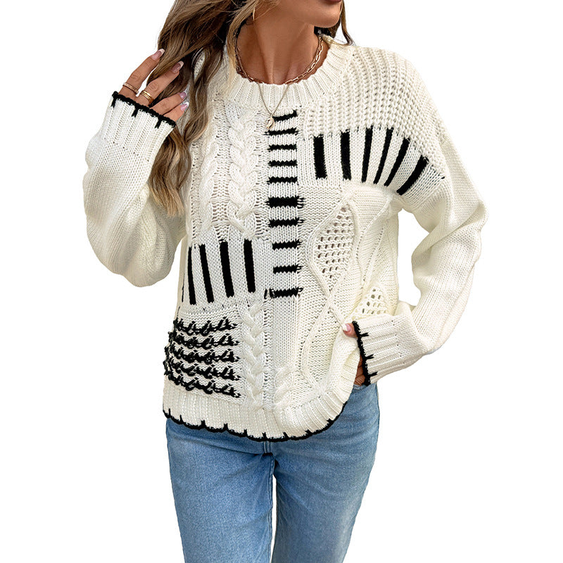 Women's Retro Style Round Neck Long Sleeve Striped Sweaters