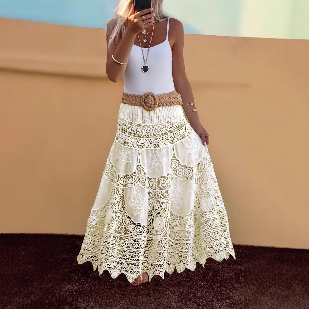 Women's Summer French Crochet Hollow Elastic Knitted Skirts