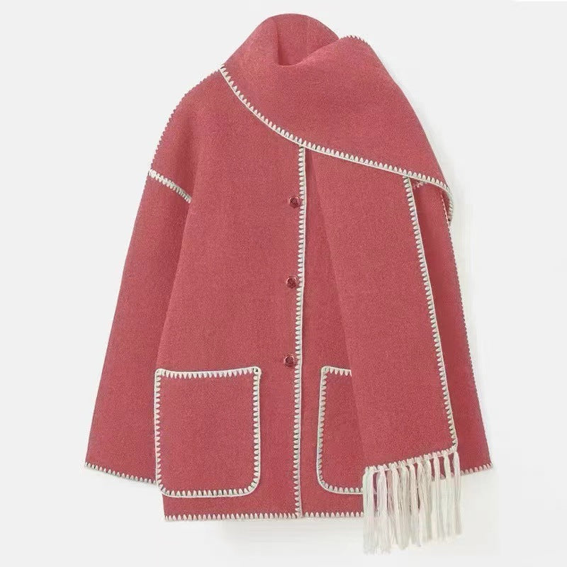 Women's Fashion Woolen Thick Loose With Scarf Coats