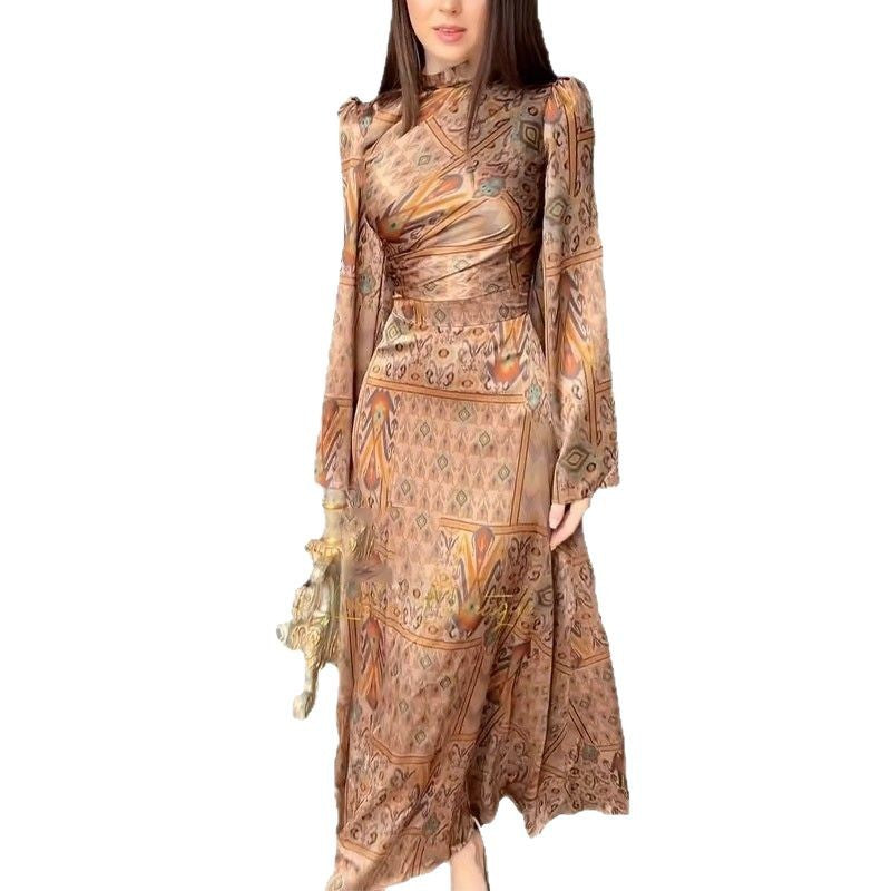 Women's Round Collar Printed Long Sleeve Flared Sleeves Dresses