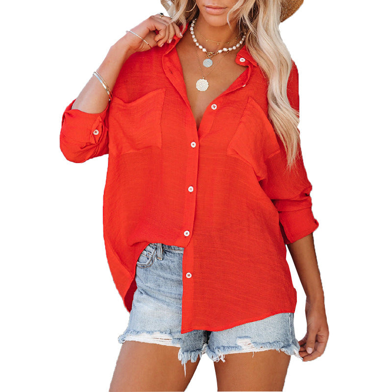 Women's Summer Fashion Big Pocket Shirt Blouses