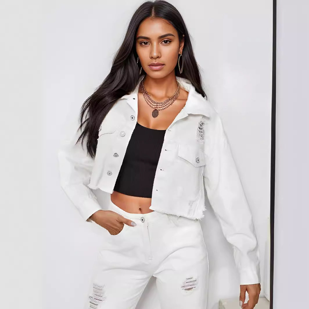 Women's Denim Autumn Fashionable Frayed Hem Ripped Jackets